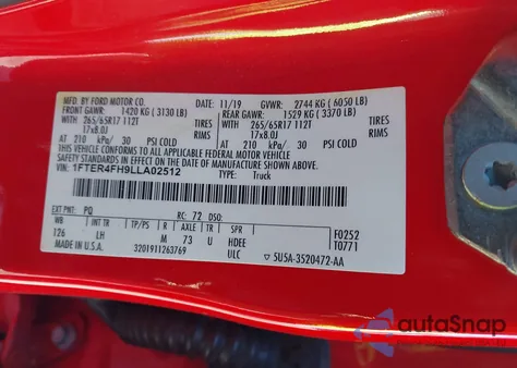 2020 Ford Ranger Xlt из США, поврежденный, VIN 1FTER4FH9LLA02512